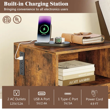 Nightstand with Charging Station and Drawer Sofa Side Table-Rustic Brown - Rustic Brown - Nightstands