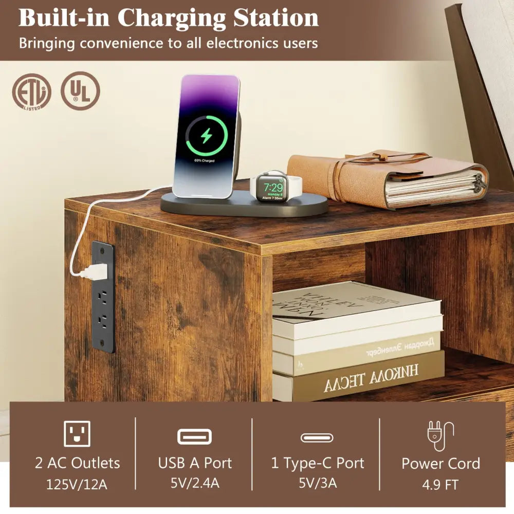 Nightstand with Charging Station and Drawer Sofa Side Table-Rustic Brown - Rustic Brown - Nightstands