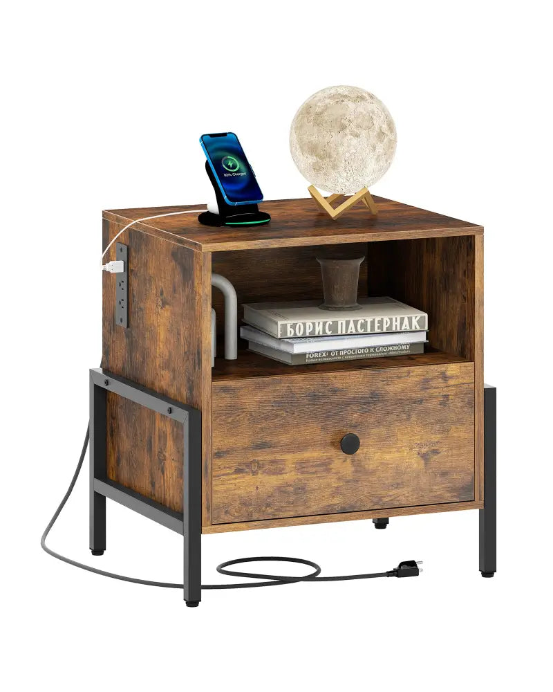 Nightstand with Charging Station and Drawer Sofa Side Table-Rustic Brown - Rustic Brown - Nightstands