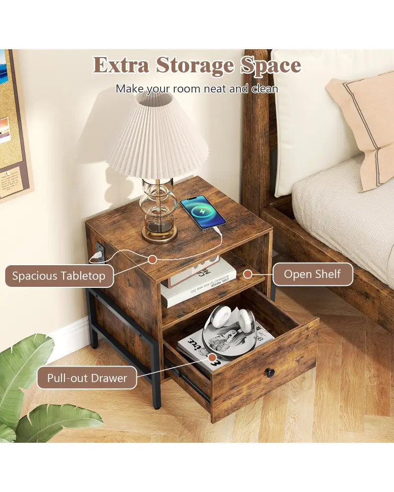 Nightstand with Charging Station and Drawer Sofa Side Table-Rustic Brown - Rustic Brown - Nightstands