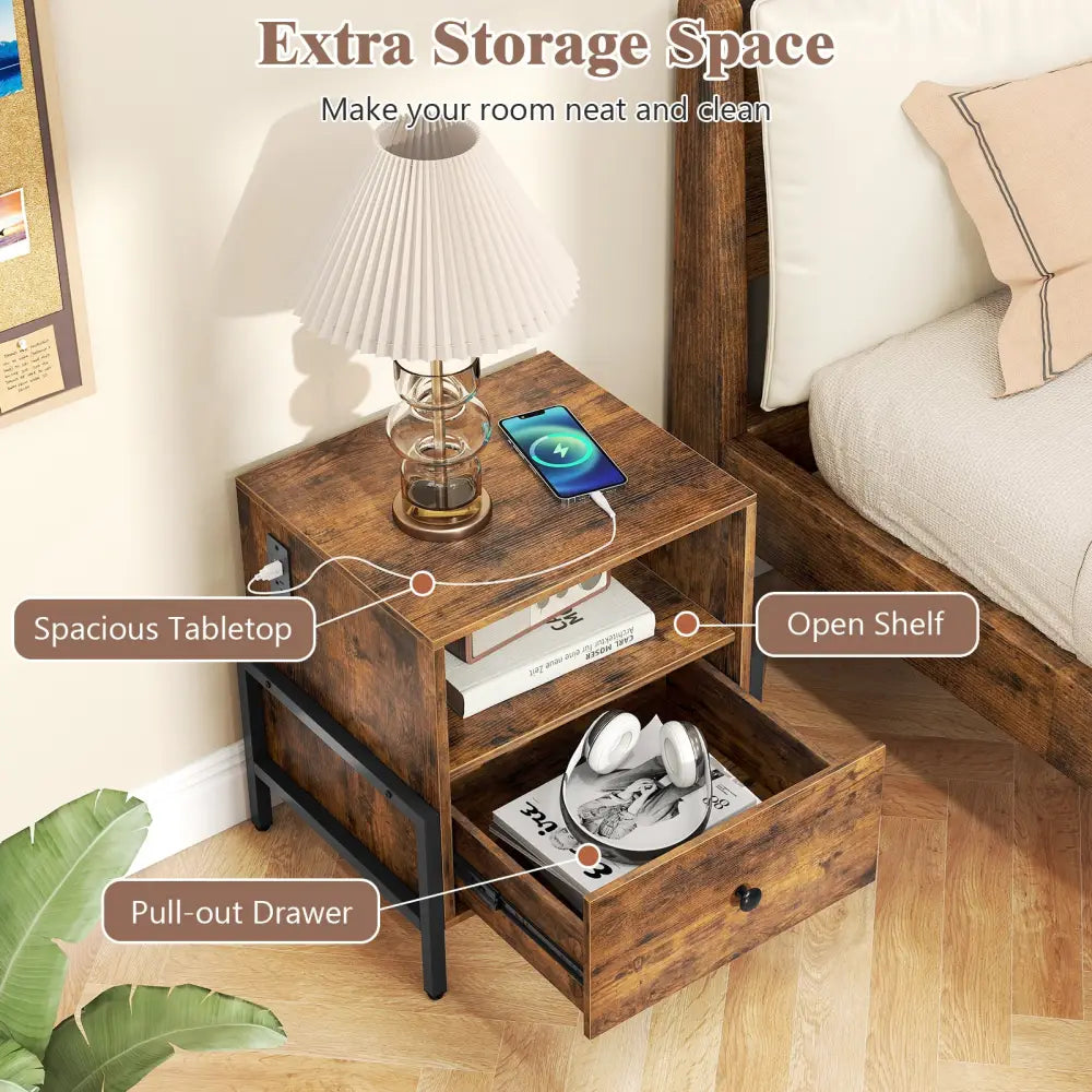 Nightstand with Charging Station and Drawer Sofa Side Table-Rustic Brown - Rustic Brown - Nightstands