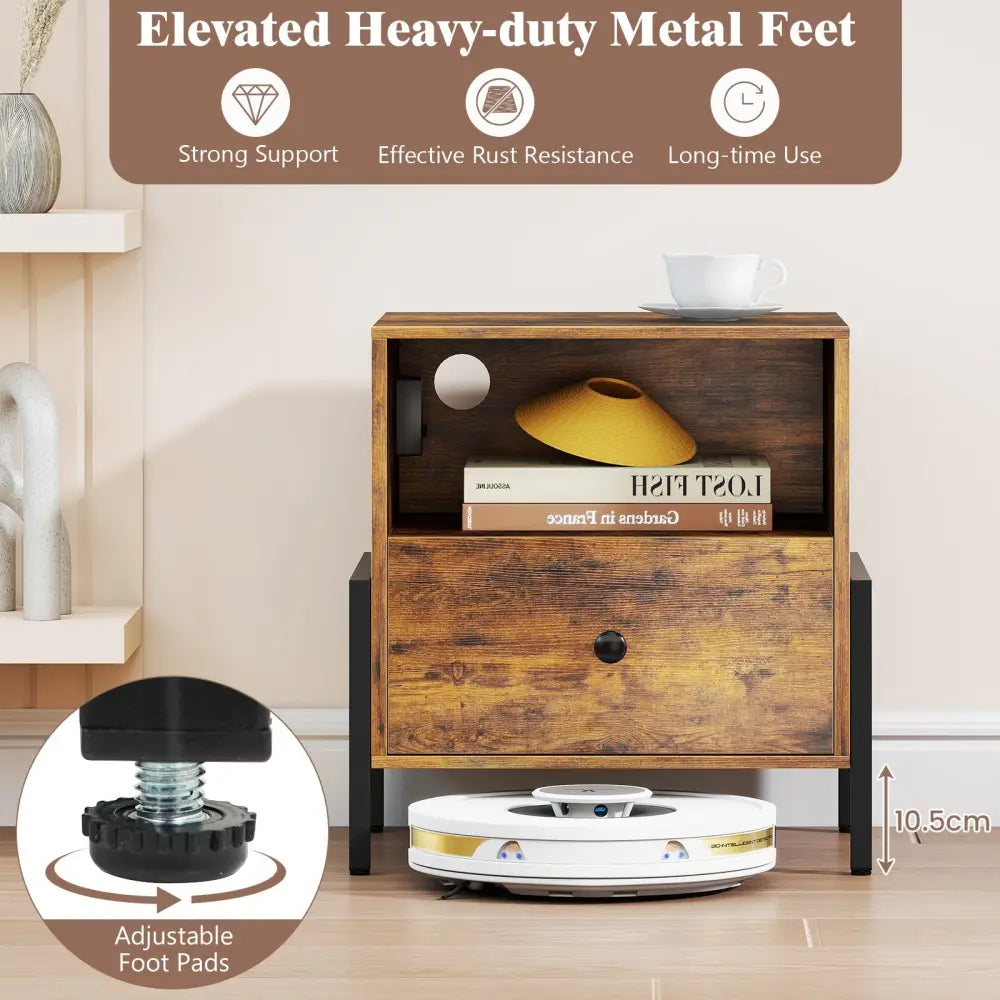 Nightstand with Charging Station and Drawer Sofa Side Table-Rustic Brown - Rustic Brown - Nightstands