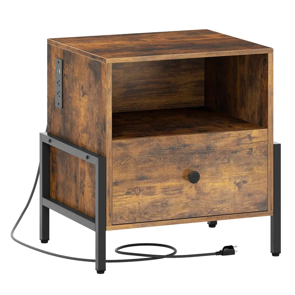 Nightstand with Charging Station and Drawer Sofa Side Table-Rustic Brown - Rustic Brown - Nightstands