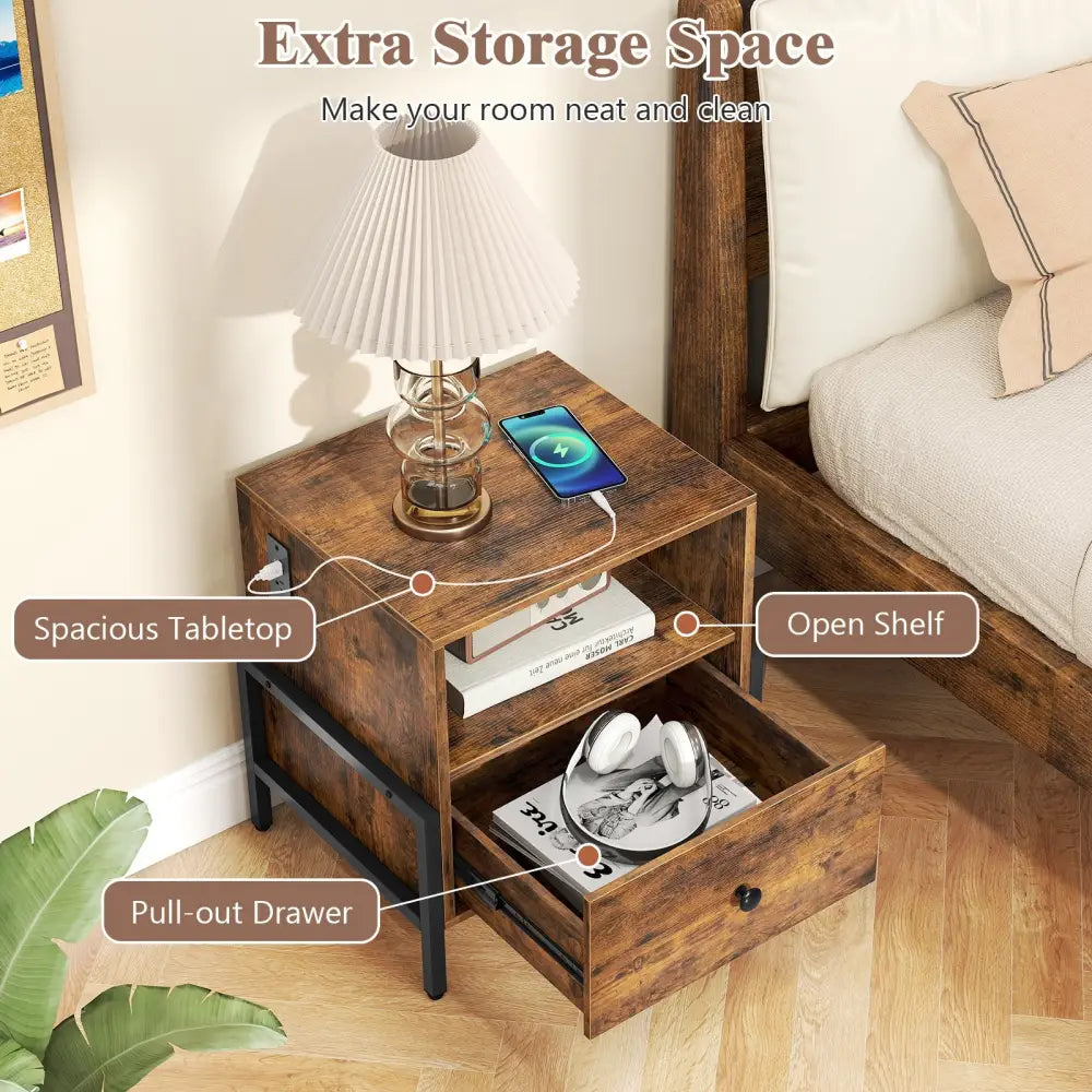 Nightstand with Charging Station and Drawer Sofa Side Table-Rustic Brown - Rustic Brown - Nightstands