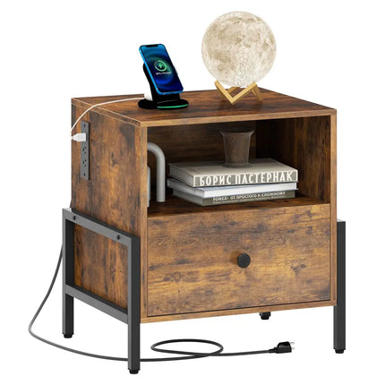 Nightstand with Charging Station and Drawer Sofa Side Table-Rustic Brown - Rustic Brown - Nightstands
