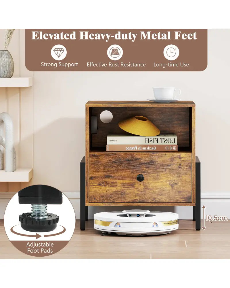 Nightstand with Charging Station and Drawer Sofa Side Table-Rustic Brown - Rustic Brown - Nightstands