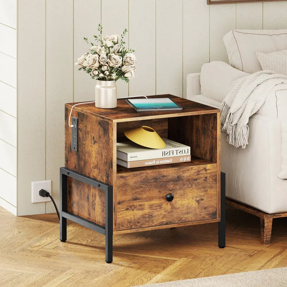 Nightstand with Charging Station and Drawer Sofa Side Table-Rustic Brown - Rustic Brown - Nightstands