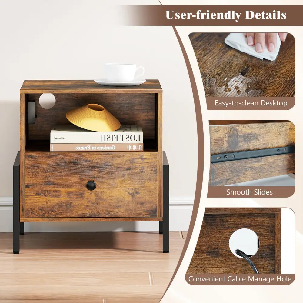 Nightstand with Charging Station and Drawer Sofa Side Table-Rustic Brown - Rustic Brown - Nightstands