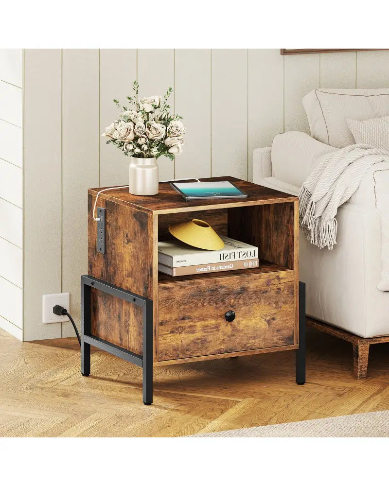 Nightstand with Charging Station and Drawer Sofa Side Table-Rustic Brown - Rustic Brown - Nightstands