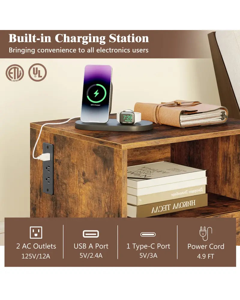 Nightstand with Charging Station and Drawer Sofa Side Table-Rustic Brown - Rustic Brown - Nightstands