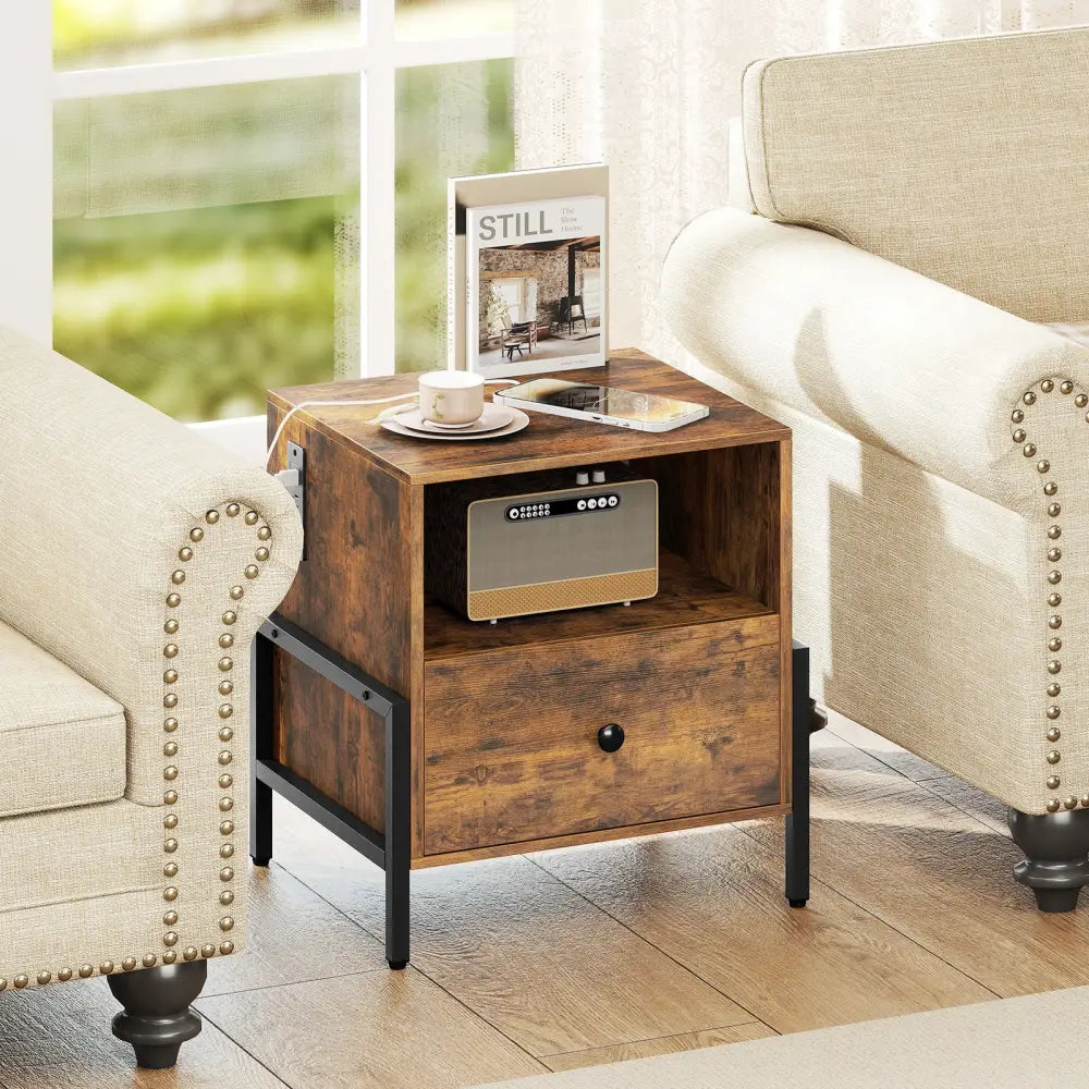 Nightstand with Charging Station and Drawer Sofa Side Table-Rustic Brown - Rustic Brown - Nightstands