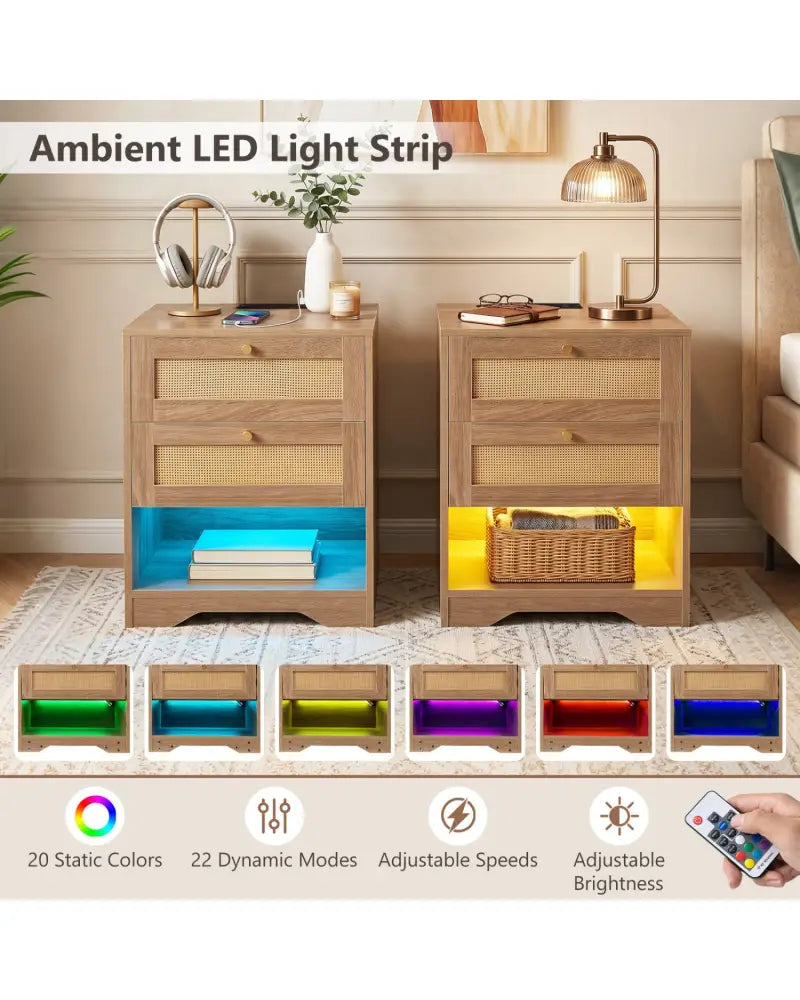 Nightstand with Charging Station and LED Light Strip for Bedroom and Living Room-Oak - Oak - Nightstands
