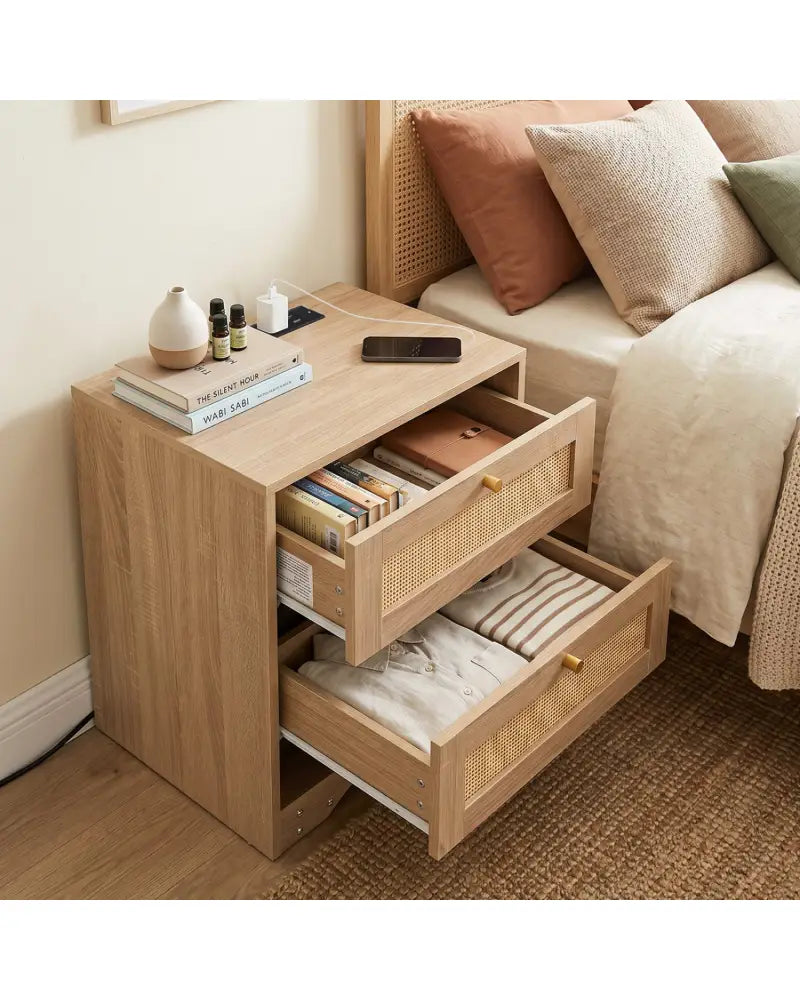 Nightstand with Charging Station and LED Light Strip for Bedroom and Living Room-Oak - Oak - Nightstands