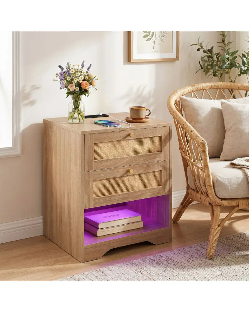 Nightstand with Charging Station and LED Light Strip for Bedroom and Living Room-Oak - Oak - Nightstands
