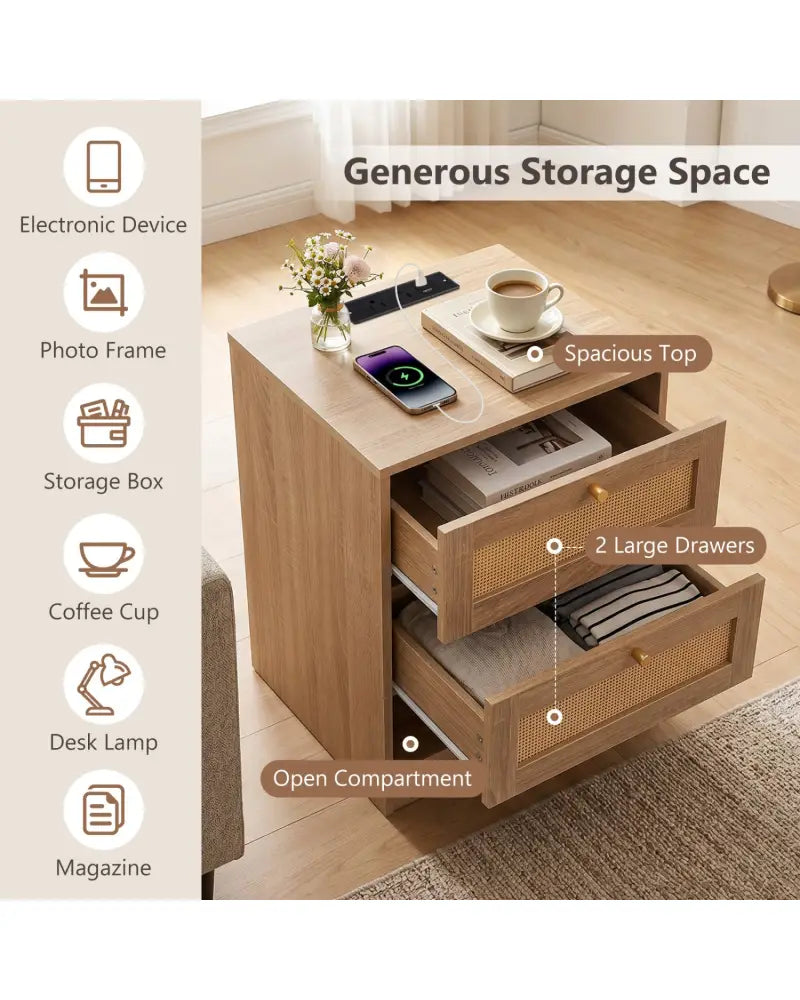 Nightstand with Charging Station and LED Light Strip for Bedroom and Living Room-Oak - Oak - Nightstands