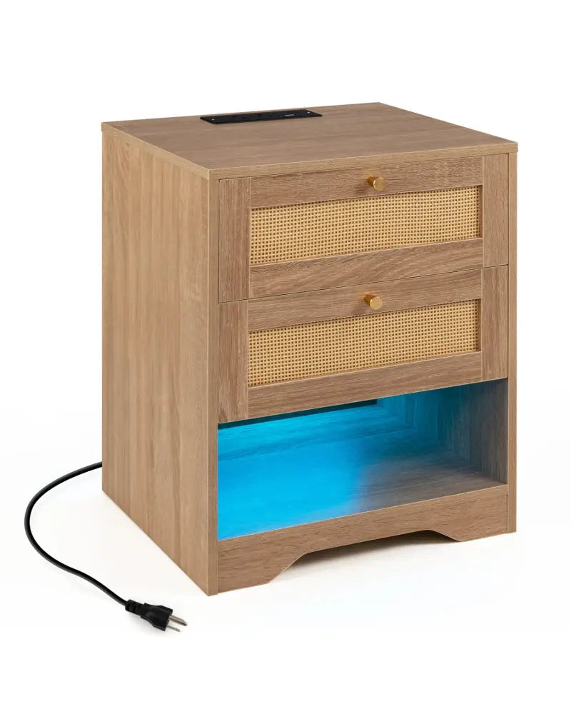 Nightstand with Charging Station and LED Light Strip for Bedroom and Living Room-Oak - Oak - Nightstands