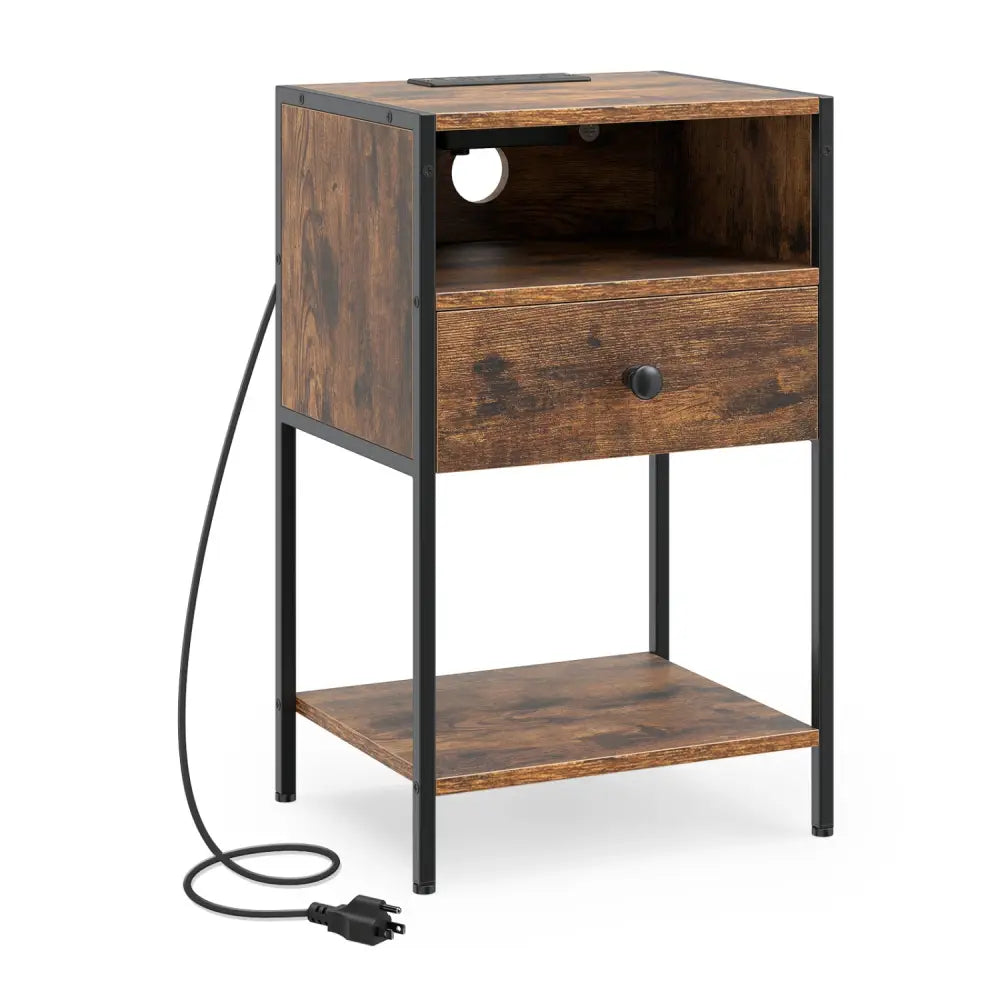 Nightstand with Charging Station Bedside Table with USB Ports and Outlets-Rustic Brown - Rustic Brown - Nightstands