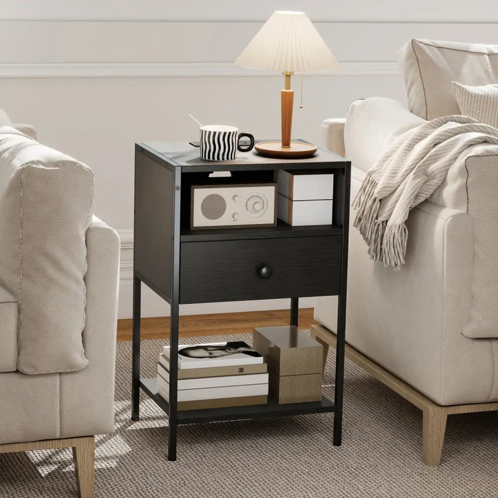 Nightstand with Charging Station Bedside Table with USB Ports and Outlets-Black - Black - Nightstands