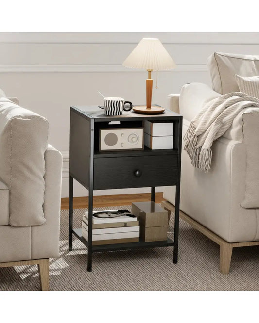 Nightstand with Charging Station Bedside Table with USB Ports and Outlets-Black - Black - Nightstands