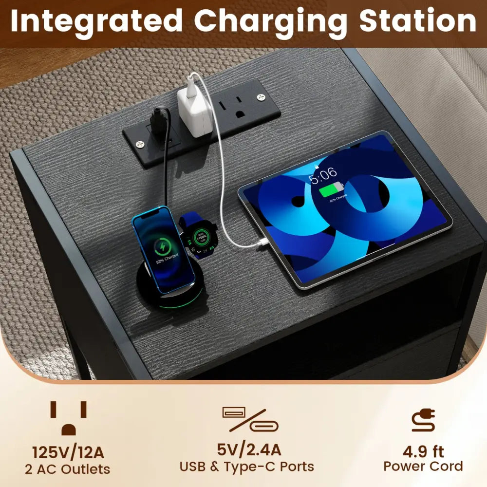 Nightstand with Charging Station Bedside Table with USB Ports and Outlets-Black - Black - Nightstands