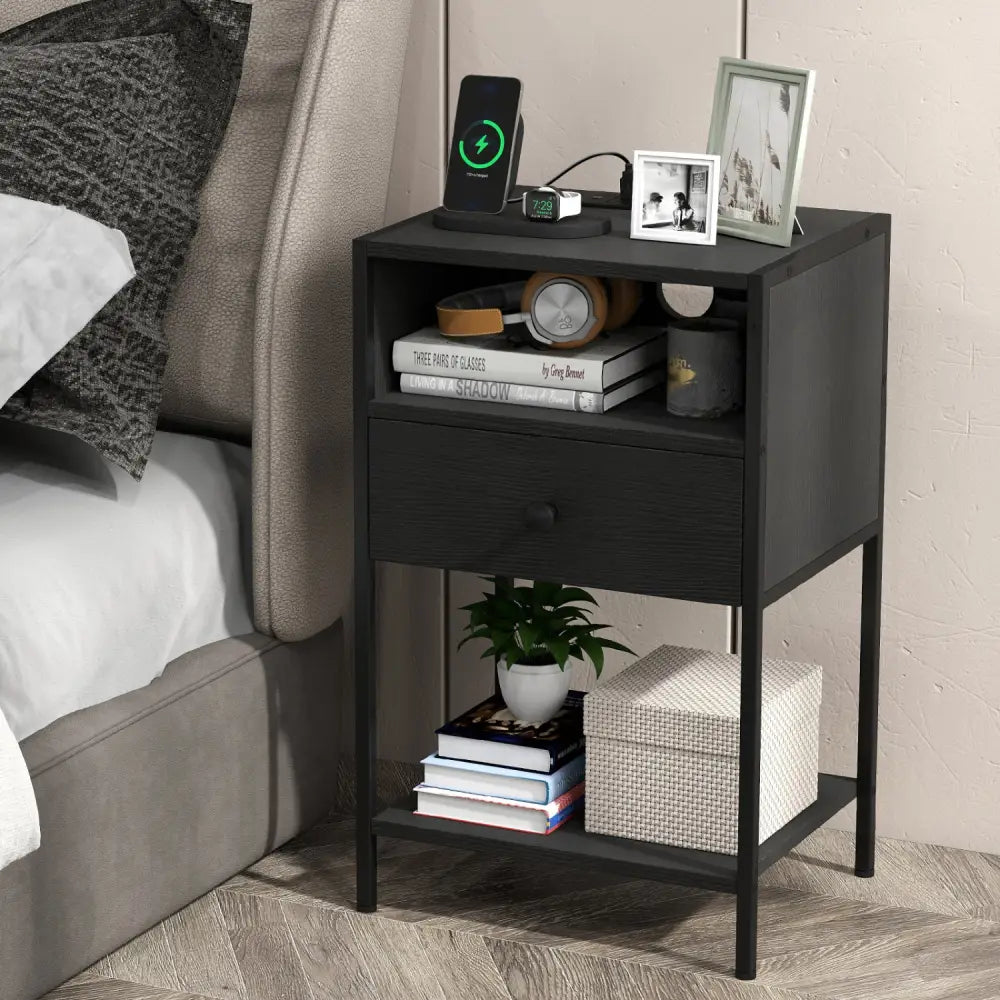 Nightstand with Charging Station Bedside Table with USB Ports and Outlets-Black - Black - Nightstands