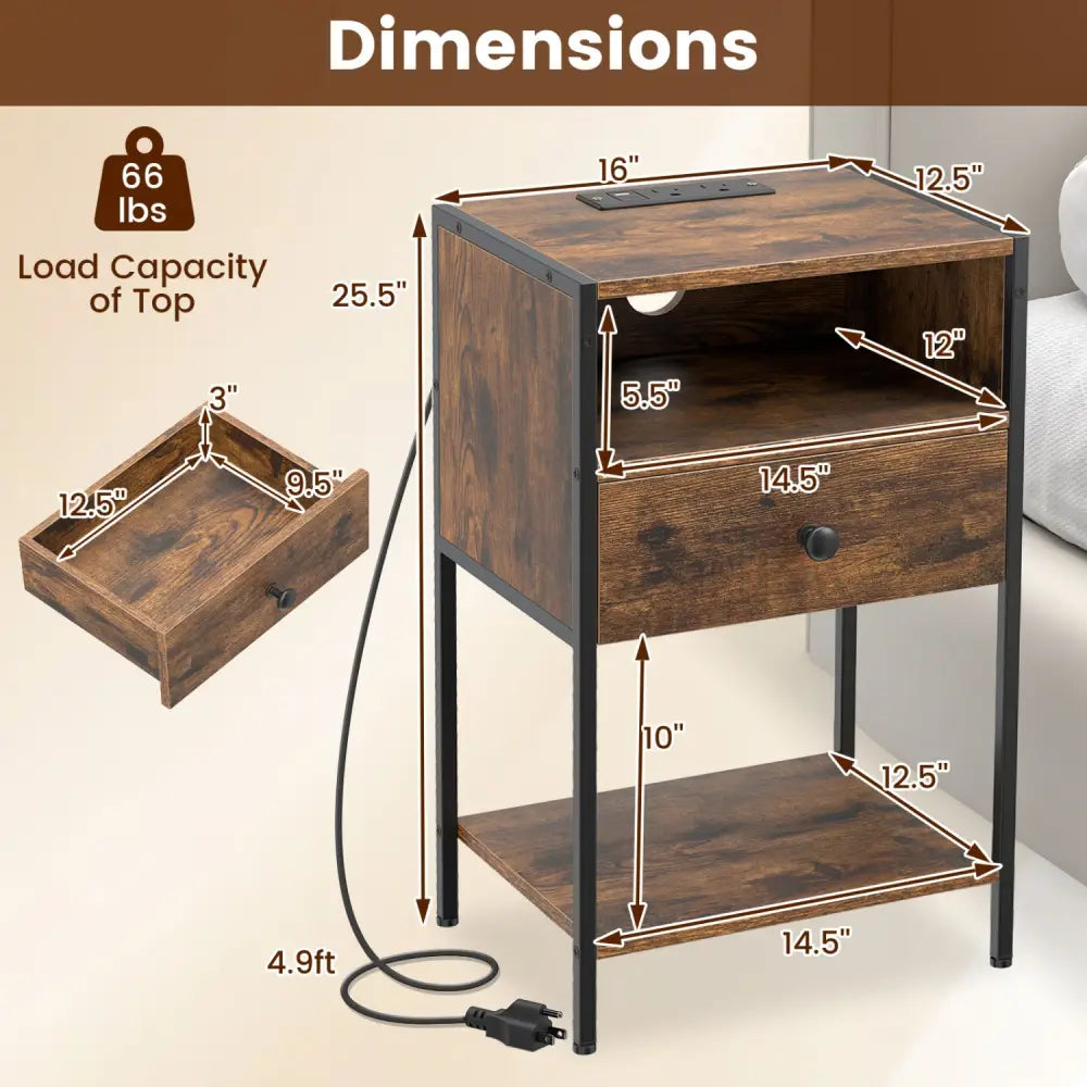 Nightstand with Charging Station Bedside Table with USB Ports and Outlets-Rustic Brown - Rustic Brown - Nightstands