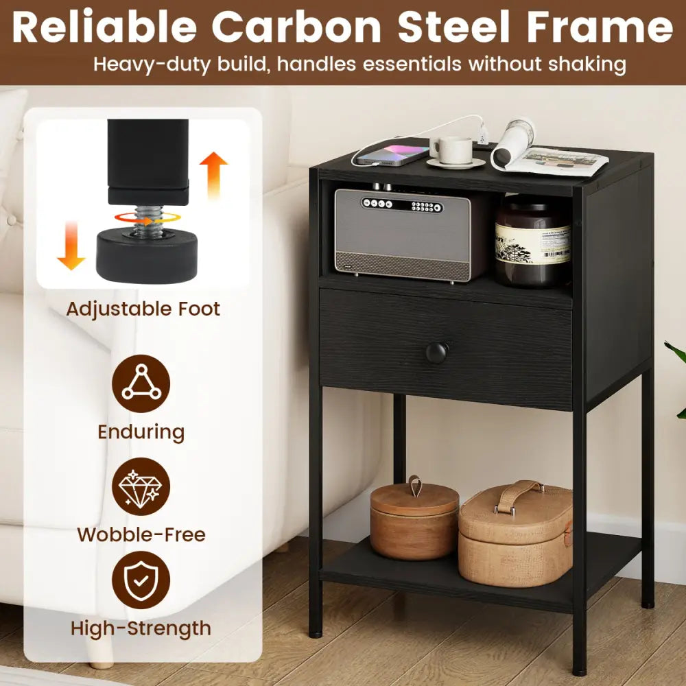 Nightstand with Charging Station Bedside Table with USB Ports and Outlets-Black - Black - Nightstands