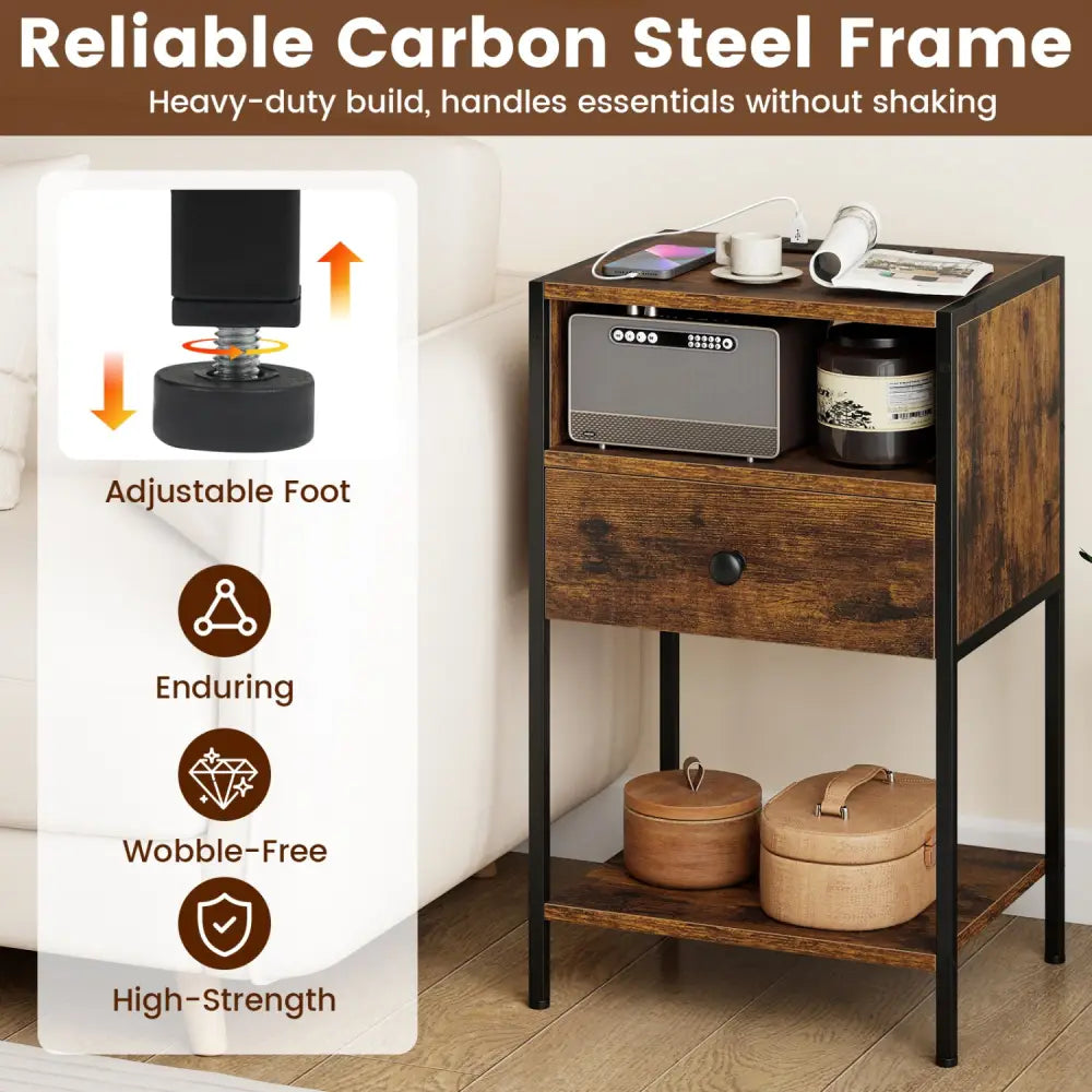 Nightstand with Charging Station Bedside Table with USB Ports and Outlets-Rustic Brown - Rustic Brown - Nightstands
