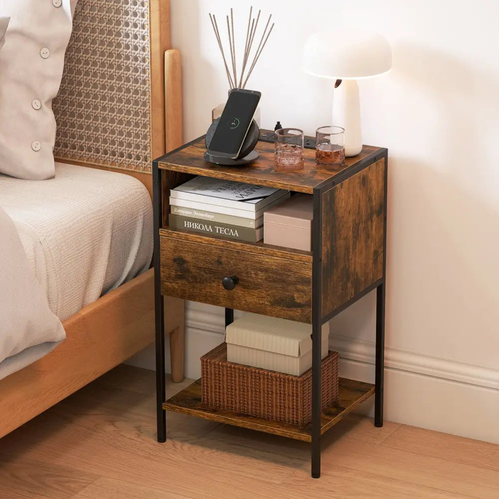 Nightstand with Charging Station Bedside Table with USB Ports and Outlets-Rustic Brown - Rustic Brown - Nightstands