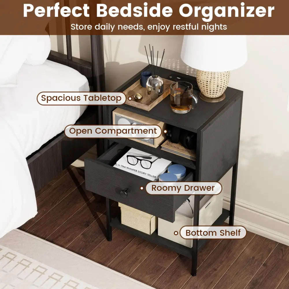 Nightstand with Charging Station Bedside Table with USB Ports and Outlets-Black - Black - Nightstands