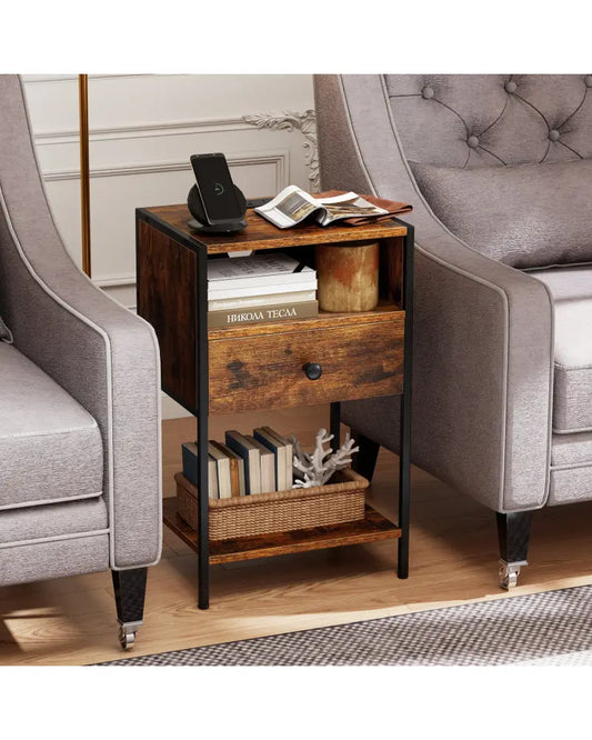 Nightstand with Charging Station Bedside Table with USB Ports and Outlets-Rustic Brown - Rustic Brown - Nightstands
