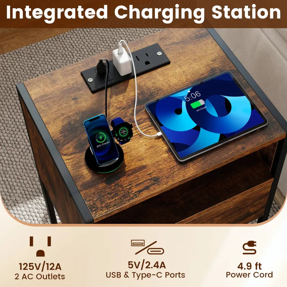 Nightstand with Charging Station Bedside Table with USB Ports and Outlets-Rustic Brown - Rustic Brown - Nightstands