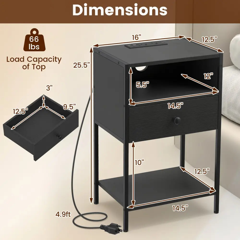 Nightstand with Charging Station Bedside Table with USB Ports and Outlets-Black - Black - Nightstands