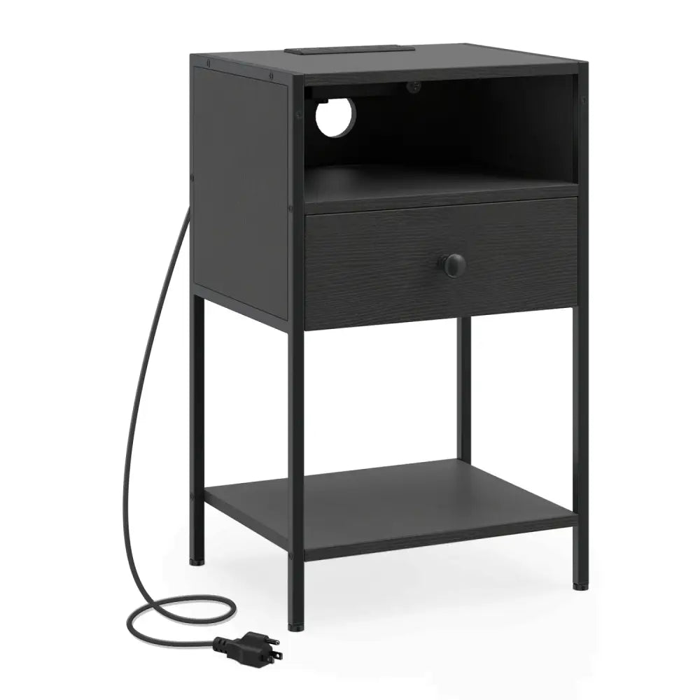 Nightstand with Charging Station Bedside Table with USB Ports and Outlets-Black - Black - Nightstands