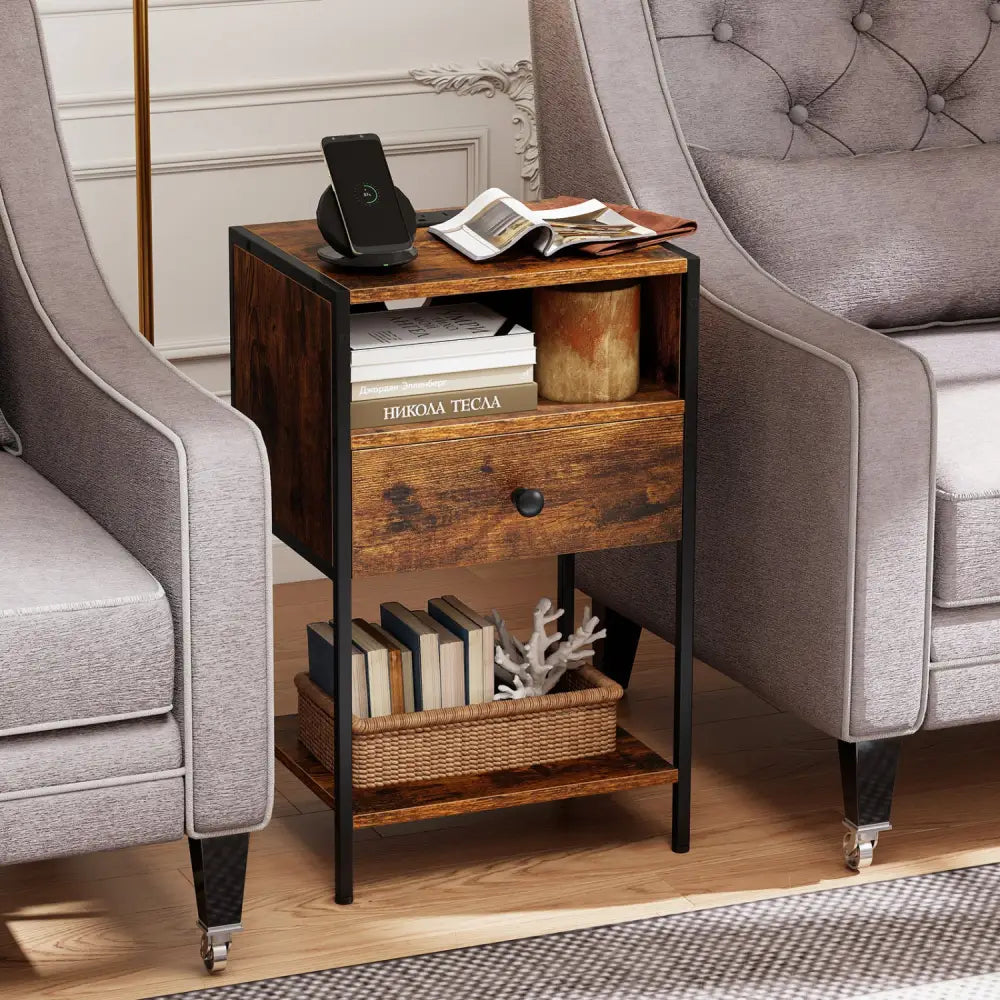 Nightstand with Charging Station Bedside Table with USB Ports and Outlets-Rustic Brown - Rustic Brown - Nightstands
