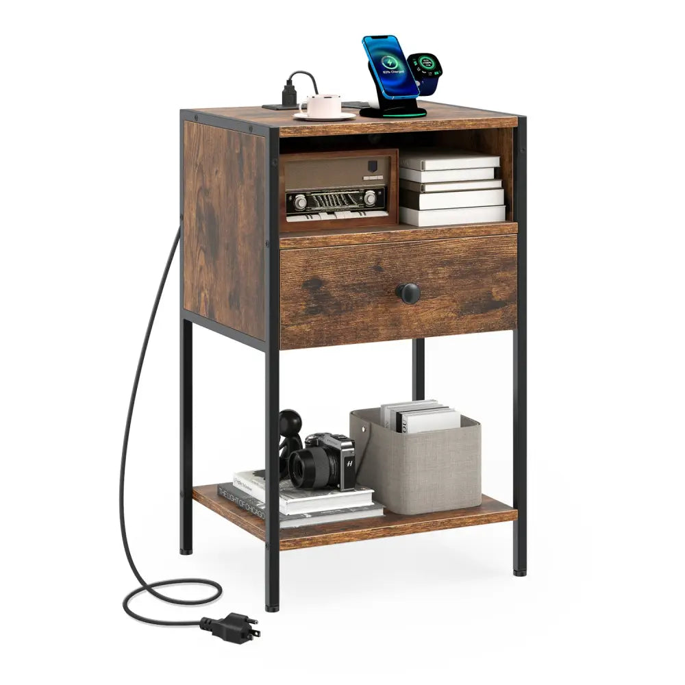 Nightstand with Charging Station Bedside Table with USB Ports and Outlets-Rustic Brown - Rustic Brown - Nightstands