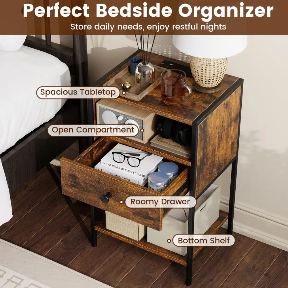 Nightstand with Charging Station Bedside Table with USB Ports and Outlets-Rustic Brown - Rustic Brown - Nightstands