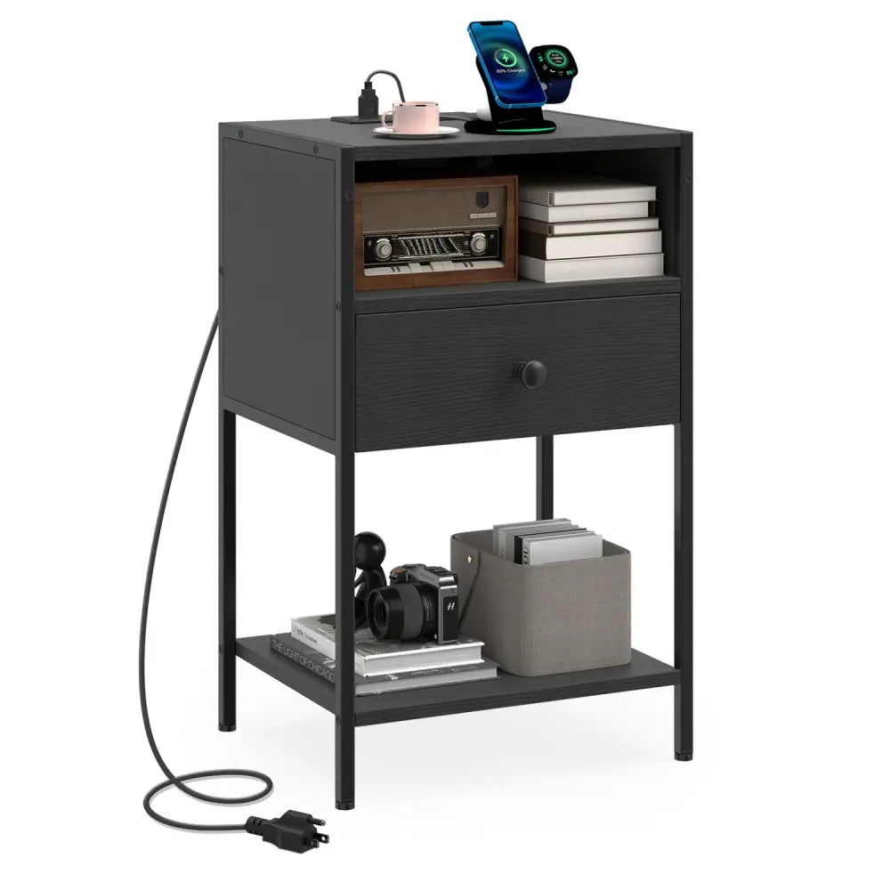 Nightstand with Charging Station Bedside Table with USB Ports and Outlets-Black - Black - Nightstands