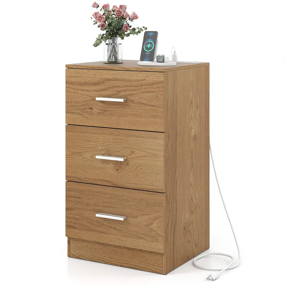 Nightstand with Charging Station End Table with 3 Storage Drawers Bedside Table for Bedroom-Natural - Natural