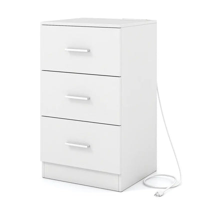 Nightstand with Charging Station End Table with 3 Storage Drawers Bedside Table for Bedroom-White - White - Nightstands
