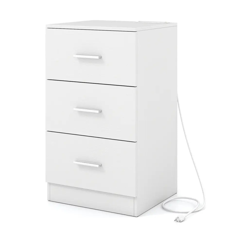 Nightstand with Charging Station End Table with 3 Storage Drawers Bedside Table for Bedroom-White - White - Nightstands