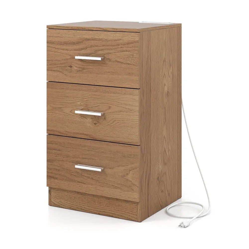 Nightstand with Charging Station End Table with 3 Storage Drawers Bedside Table for Bedroom-Natural - Natural