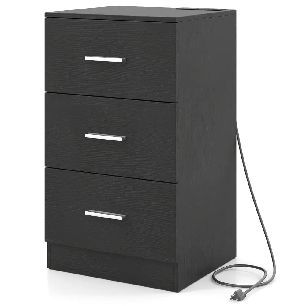 Nightstand with Charging Station End Table with 3 Storage Drawers Bedside Table for Bedroom-Black - Black - Nightstands
