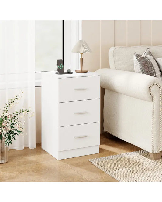 Nightstand with Charging Station End Table with 3 Storage Drawers Bedside Table for Bedroom-White - White - Nightstands