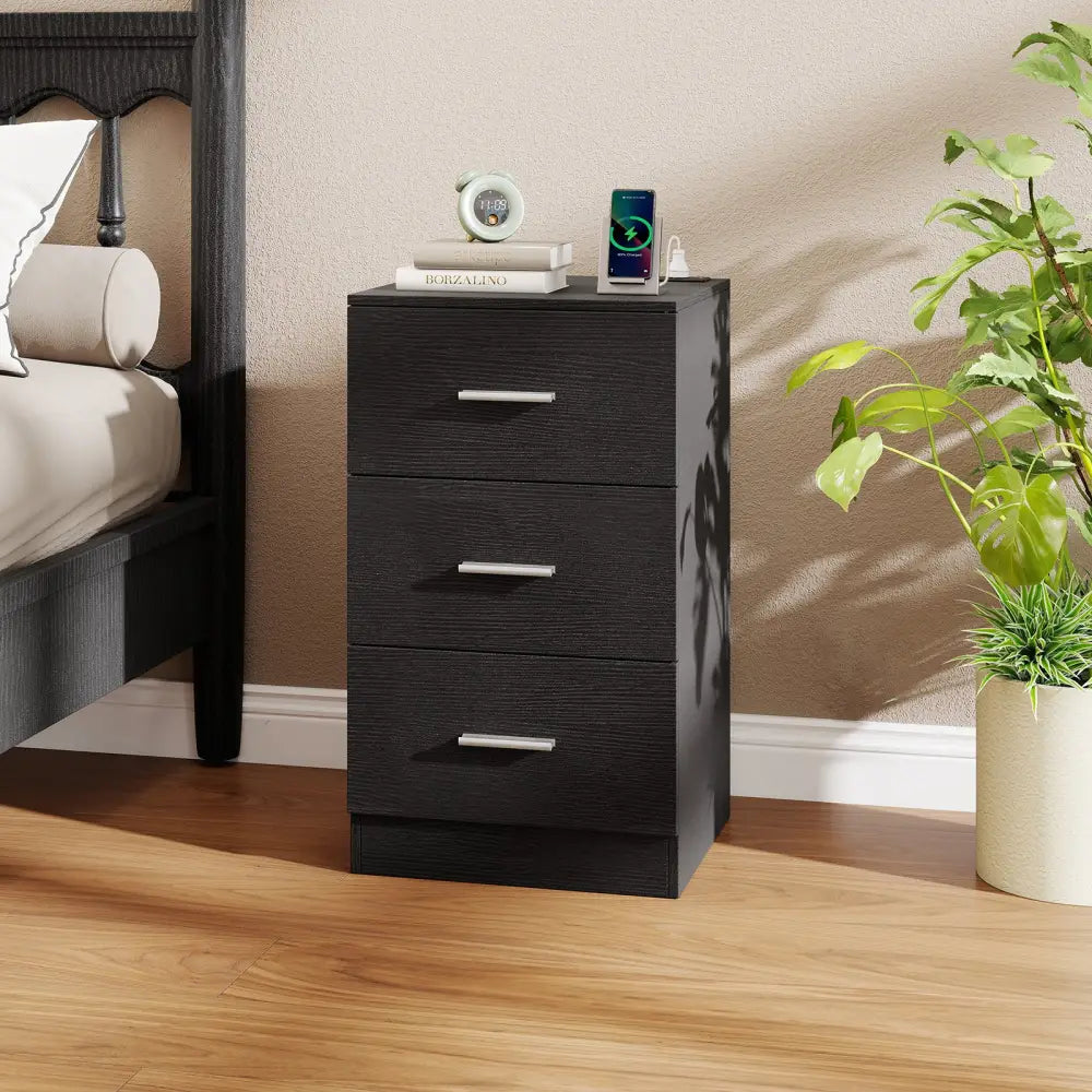 Nightstand with Charging Station End Table with 3 Storage Drawers Bedside Table for Bedroom-Black - Black - Nightstands