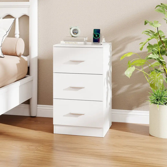 Nightstand with Charging Station End Table with 3 Storage Drawers Bedside Table for Bedroom-White - White - Nightstands