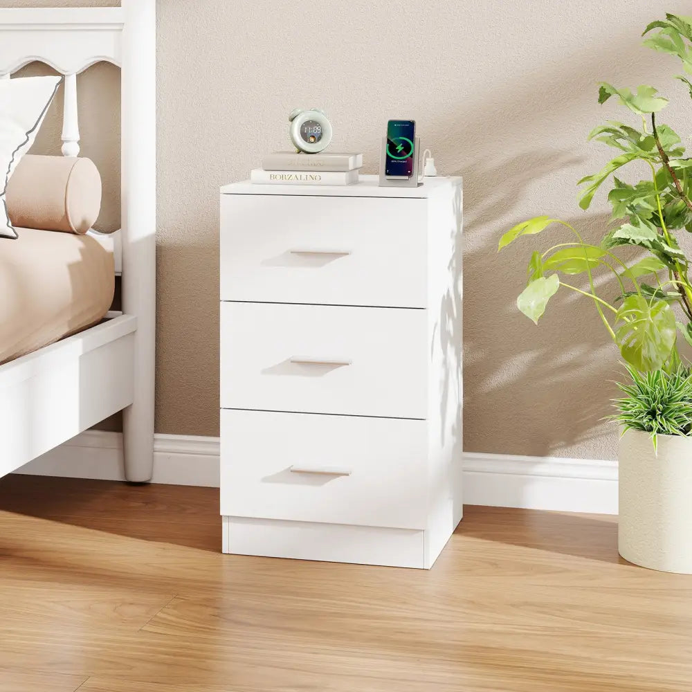 Nightstand with Charging Station End Table with 3 Storage Drawers Bedside Table for Bedroom-White - White - Nightstands