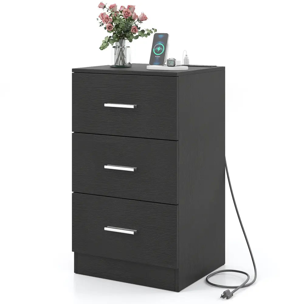 Nightstand with Charging Station End Table with 3 Storage Drawers Bedside Table for Bedroom-Black - Black - Nightstands