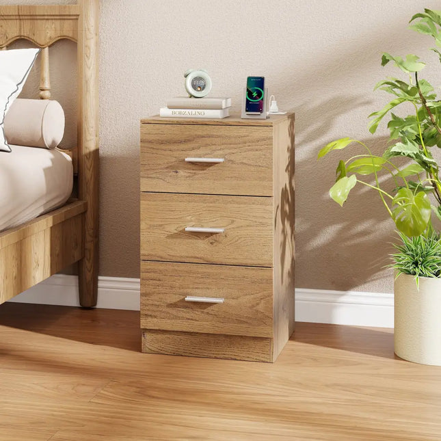 Nightstand with Charging Station End Table with 3 Storage Drawers Bedside Table for Bedroom-Natural - Natural
