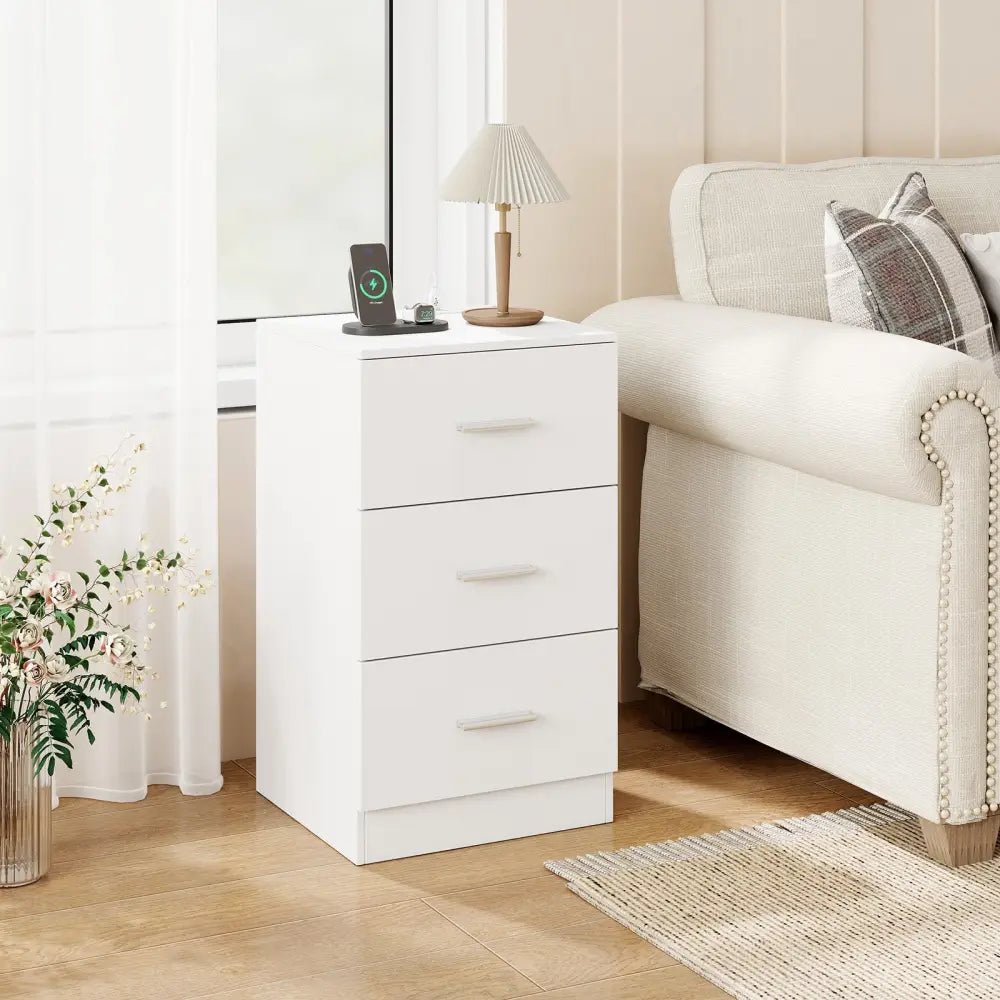 Nightstand with Charging Station End Table with 3 Storage Drawers Bedside Table for Bedroom-White - White - Nightstands